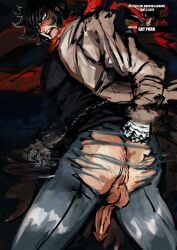 1boy absurdres anus ass bara black_hair blush commentary dxfryer english_commentary getter_robo getter_robo_armageddon highres looking_back male_focus nagare_ryoma open_mouth pants penis perineum shin_getter-1 solo teeth testicles torn_clothes torn_pants