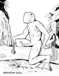 2011 amphibian anthro bdsm claws cuffs_(object) erection feet finger_claws frog genitals glans hi_res horizontal_pupils leaf log looking_at_viewer male membrane_(anatomy) monochrome mrminos nubbed_penis nude penis plant pupils signature snout solo tapering_penis toes tree tree_trunk webbed_feet wide_feet wood