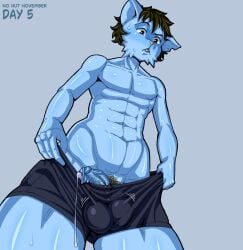 1boy abs anthro goodhorny69 low-angle_view no_nut_november precum rat rat_boy shorts sweat sweatdrop
