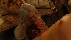 1boy 2girls 3d blenderdude blowjob cd_projekt_red cerys_an_craite ciri crown cum cum_in_mouth fellatio female freckles freckles_on_face green_eyes kneeling_oral_position light-skinned_female light-skinned_male light_skin looking_at_viewer male mascara oral oral_penetration oral_sex penis penis_grab piercings red_hair scar sucking_balls sucking_penis sword the_witcher_(series) the_witcher_3:_wild_hunt white_hair