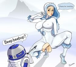 1girls balls between_breasts big_breasts bimbo breasts cleavage clone_wars clothes_between_breasts dickgirl futanari futanari_transformation hourglass_figure intersex large_breasts milf padme_amidala penis r2-d2 shinzu031 speech_bubble spread_legs star_wars testicles text voluptuous