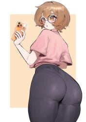 1girl 1girls absurdres ass ass_focus black_pants blush brown_eyes brown_hair butt cellphone clio_aite esencey fat_ass female freckles glasses hair_between_eyes highres huge_ass pants phase_connect phone pink_shirt round_eyewear scar scar_across_eye scar_on_face shirt short_hair smartphone solo teacher thick thick_ass thick_thighs thighs tight_clothes tight_pants vershion virtual_youtuber vtuber yoga_pants