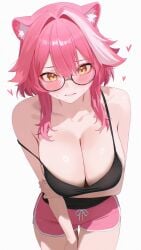 1girl anska arm_under_breasts blush blusing cleavage embarrassed female glasses hololive hololive_english large_breasts panther_ears panther_girl pink_hair raora_panthera short_hair shorts solo_female virtual_youtuber vtuber white_background