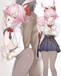 1boy 1girl against_wall animal_ears bow bowtie breast_press breasts clothed_female_nude_male clothed_sex clothing cropped_jacket dark-skinned_male dark_skin evanescia_(honkai:_star_rail) female flower fox_ears grey_hair hair_between_eyes hair_bow hair_flower hair_ornament hetero holding holding_book honkai:_star_rail jacket japanese_clothes large_breasts long_sleeves looking_at_viewer medium_breasts multiple_views nude open_clothes open_mouth pantyhose pink_eyes pink_hair pleated_skirt purple_eyes rabbit_ears red_bow se34tai sex sex_from_behind short_hair skirt smile standing standing_sex white_background white_flower white_jacket