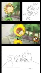 angry butter cap cloak cute defeat fan_character goggles knocked_out laughing on_fire peashooter_(pvz) plant_boy plant_girl plants_vs_zombies plants_vs_zombies:_heroes plants_vs_zombies_2:_it's_about_time revenge sketch solar_flare_(pvz) sunflower_(pvz)