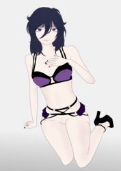 1girls arm_support bare_shoulders belly bottomless bra bracelet breasts cleavage clothes empty_eyes female female_only grey_background high_heels human kneeling long_hair looking_at_viewer nail_polish navel nipples oka_ruto pale_skin purple_eyes purple_hair see-through shoes smile solo yandere_simulator