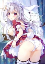 1girl ameto_yuki ass blush breasts breasts_out curtains exposed_breasts frilled_skirt frills hair_ornament highres large_breasts maid maid_apron maid_headdress maid_outfit maid_uniform nipples open_shirt original panties rabbit_ears rabbit_girl rabbit_tail shirt sideboob skirt skirt_lift small_but_busty thighhighs underwear white_hair window