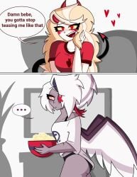 2girls angel_wings charlie_morningstar_(hazbin_hotel) demon demon_girl female_only grey_body hazbin_hotel hearts hellaverse horns long_hair open_mouth red_clothing red_eyes tagme tail the_titan_draw vaggi_(hazbin_hotel) vaggie_(hazbin_hotel) very_long_hair white_body white_clothing white_hair wings