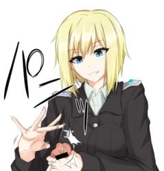 ballbusting bangs bar_censor blonde_hair blue_eyes breasts censored clothing cock_and_ball_torture erica_hartmann female flick flicking flicking_balls grin long_sleeves looking_at_another medium_breasts military military_uniform penis piro_(iiiiiiiiii) pov smile strike_witches testicle_grab uniform upper_body world_witches_series