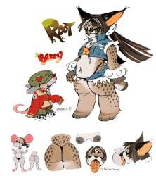 2025 absurd_res anthro areola barbed_tongue belly belly_piercing berry_(stagbeetle) bobcat breasts clothed clothing countershading cunnilingus duo felid feline female female_anthro fur hat headgear headwear hi_res house_mouse lynx mammal markings model_sheet mouse murid murine nude_anthro oral pubes rodent root_(stagbeetle) sex spots spotted_body spotted_fur stagbeetle_(artist) standing tongue vaginal