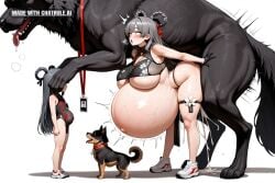 1girl ai_assisted ai_generated bikini black_gloves china_dress earrings full_body giant_breasts hair_ribbon height_difference huge_boobs huge_size_difference id_card inflation little_girl nikke orgasm pelvic_curtain petite sex simple_background size_difference small sneakers standing stomach_bulge underboob white_background