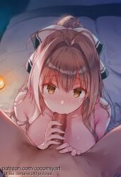 1boy 1girl 2026 ai_generated amagi_brilliant_park antenna_hair blush bow breasts brown_eyes brown_hair censored cocomiyart collarbone completely_nude dark-skinned_male dark_skin erection fellatio hair_bow hair_intakes hetero highres indoors interracial large_breasts long_hair looking_at_viewer mosaic_censoring nose_blush nsfw nude oral penis ponytail pov sento_isuzu solo_focus spread_legs sweat uncensored