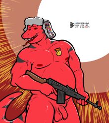 ak-47 ak_platform aliasing anthro aroused_face aroused_smile assault_rifle balls belly big_belly black_lives_matter blush blush_lines cerdeorhys chinese_flag clothing cuban_flag dated digital_media_(artwork) dot_eyes fangs fat_upper_pubic_area flaccid foreskin genitals gun hat headgear headwear hi_res lgbt_pride looking_at_viewer male medal nipples pecs penis polyamory polyamory_pride_colors polyamory_pride_flag pride_colors ranged_weapon red_background red_body red_skin reddit reptile rifle scalie simple_background simple_eyes snake solo strong_arms teeth tongue tongue_out ushanka ushanka_only vein veiny_biceps veiny_penis watermark weapon