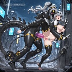 1girl ai_assisted ai_generated anal_sex android attack barefoot barely_clothed big_forearms blurry_background city double_penetration fighting_stance foot_fetish from_side full_body_view glowing grey_hair hazard_stripes headband light_particles long_twintails metallic_body murder_drones naked_pussy perfect_anatomy perky_breasts rough_sex science_fiction screen_face sex_from_behind toeless_legwear twintails uncensored vaginal_sex white_fingers yellow_eyes