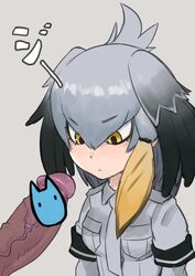 bangs black_hair censored cum dark-skinned_male expressionless eyebrows_visible_through_hair facial female grey_hair grey_shirt kemono_friends long_hair low_ponytail male mikoyan multicolored_hair necktie novelty_censor penis shirt shoebill_(kemono_friends) side_ponytail solo_focus upper_body veins veiny_penis yellow_eyes