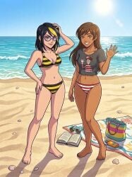 2girls ai ai_art ai_generated beach dark-skinned_female dreamworks dreamworks_animation glasses google light-skinned_female light_skin ocean smile smiling smiling_at_viewer stripes swimsuit swimwear t-shirt two-piece_swimsuit waldo waldo_(where's_waldo?) wenda where's_waldo