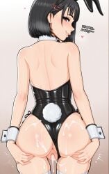 after_sex after_vaginal age_play ass ass_focus ass_grab black_hair bunny_ears bunnysuit clothed clothed_female creampie cum cum_in_pussy cum_inside english_text functionally_nude grabbing_own_ass hair_ornament hand_on_ass leaking_cum lin_lee_koo looking_at_viewer ninzer perfect_ass presenting teasing teenager xenoblade_(series) xenoblade_chronicles_x