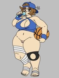 1girls bandages bandaid bandaid_on_pussy baseball_cap basketball big_breasts bottomless breasts brown_eyes brown_hair drinking drinking_water elma_(oc) female female_focus female_only huge_breasts knee_pads pudgy_belly solo solo_female solo_focus sports_bra thick thick_thighs tomboy toni_oni wristwear