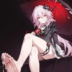 ai ai-created ai_art ai_generated cum cumming cumming_from_footjob dressed ejaculation ejaculation_on_feet evernight_(honkai:_star_rail) foot_on_penis footjob from_below honkai:_star_rail orgasm pink_hair red_eyes semen semen_on_feet smirk smirking_at_viewer thick_thighs umbrella visible_penis