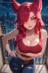 1girls ai_generated bird_feet bird_girl breasts cleavage heavenly_art large_breasts league_of_legends long_hair monster_girl red_hair riot_games tank_top vastaya xayah yellow_eyes