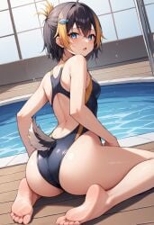 ai_generated barefoot brown_hair hair_highlights nijisanji_en petra_gurin swimming_pool swimsuit tail vtuber