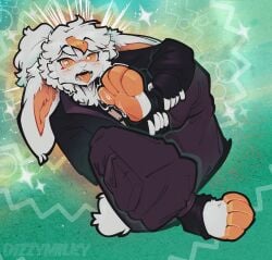 absurd_res anthro bodily_fluids clothing digital_media_(artwork) dizzymilky drooling fur hi_res jacket lagomorph leporid licking_paws looking_at_viewer mammal orange_eyes paws rabbit saliva sitting solo topwear white_body white_fur