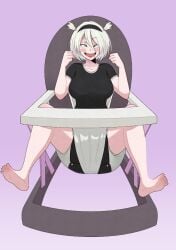 2b_(nier:automata) abdl abdlbabygirl android big_breasts big_thighs blush blushing bouncing chair cross_eyed diaper diaper_fetish diaper_under_clothing diapered_lovers drool drool_on_face drooling feet_up female female_only legs legs_apart legs_open legs_spread mind_break nier nier:_automata nier_(series) table white_hair