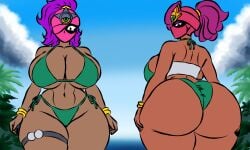 2girls beach big_ass big_boobs big_breasts big_butt bikini brawl_stars bsnsfw9_(artist) dark_skin dark_skinned_female masked_female oc pink_hair ponytail tara_(brawl_stars)