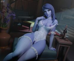1girls 3d 3d_(artwork) amelie_lacroix areolae blizzard_entertainment breasts breasts_out female female_focus female_only fishnets french french_female hasfeldt lace long_hair looking_at_viewer medium_breasts nipples overwatch overwatch_2 purple_body purple_hair purple_skin pussy shaved_pussy straight_hair widowmaker yellow_eyes