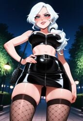 1girls ai_generated bandeau implied_prostitution latex latex_bandeau latex_clothing looking_at_viewer midriff night prostitution rwby shiny_hair shiny_skin skirt solo solo_female tagme willow_schnee