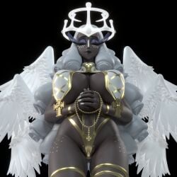 3d angel angel_wings christian_cross closed_eyes dark_skin freckles generalbuta high_heels kneeling sera_(hazbin_hotel)