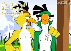 2boys accurate_art_style angry_birds angry_birds_classic anthro avian beak before_sex birds black_feathers chuck_(angry_birds) dialogue dialogues feather_hair green_feathers hal_(angry_birds) johnithanial mobile_game open_beak rovio rovio_entertainment sega speaking yellow_feathers
