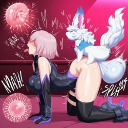 1boy 1girls ai ai_generated ass big_ass big_breasts breasts clothing cum cum_inside deep_penetration fate/grand_order fate_(series) female feral_on_female fou_(fate) furry huge_balls hyper_balls impregnation impregnation_view leotard male mash_kyrielight orgasm pink_hair size_difference small_but_hung smaller_male x-ray zoophilia