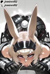 1boy 1girl ai_generated animal_ears arknights arknights:_endfield ass avywenna_(arknights:_endfield) bare_shoulders black_gloves blue_eyes blush breasts clothing crossed_bangs cum cum_in_mouth cum_overflow deepthroat detached_sleeves ejaculation erection eyewear fellatio female gloves hair_between_eyes hetero heterochromia jennieart02 large_breasts looking_at_viewer male open_fly oral patreon patreon_logo patreon_username penis penis_out pink_eyes pov_crotch rabbit_ears rabbit_girl rabbit_tail saliva scar scar_on_face short_hair solo_focus sweat tail twitter twitter_username under_table veins veiny_penis watermark