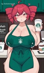 1girls ai_generated artist_name drill_hair huge_breasts kasane_teto looking_at_viewer starbucks vocaloid watermark