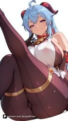 1girl ahoge ai_generated apron artist_name ass bangs bare_shoulders bell black_gloves blue_hair breasts cameltoe closed_mouth covered_nipples cowbell elbow_gloves ganyu_(genshin_impact) genshin_impact gloves goat_horns horns hoyoverse large_breasts long_hair looking_at_viewer mihoyo neck_bell pantyhose patreon purple_eyes questionable senpai_pixels sideboob simple_background sitting smile solo thighs white_background