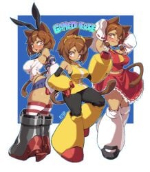 1girl 2d absurdres anime anthro anthropomorphic ass beach big_breasts bikini_bottom blush breasts brown_hair cat_ears cat_girl cat_tail cleavage cosplay female furry fuya_(tempupupu) gameoverse gloves highres kit kit_(gameoverse) large_breasts looking_at_viewer navel reimu_hakurei_(cosplay) sexy shimakaze_(kantai_collection)_(cosplay) sideboob solo standing tail_raised thick_thighs wide_hips wristband yellow_eyes