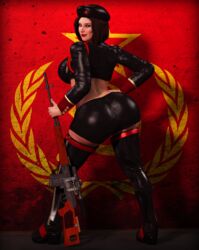 1girls 3d assault_rifle beret big_ass boots brown_hair clothes command_and_conquer communism crop_top cropped_jacket curvaceous curvy dat_ass female female_only flag full_body gun hand_on_hip jacket latex latex_legwear medium_hair natasha_volkova pose posing presenting_hindquarters rasmus-the-owl rear_view red_alert_(video_games) red_alert_3 red_background rifle shorts smug sniper_rifle soldier solo solo_female svd thick_thighs thigh_boots thigh_highs thighhigh_boots voluptuous weapon zipper