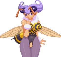 1girls alpha_channel antennae arthropod bare_shoulders bee big_breasts breasts clothed clothing crotchless_clothes darkstalkers exposed_clothing female female_only hair humanoid insect large_breasts looking_at_viewer monster_girl nipples ovipositor pixel_art png purple_eyes purple_hair pussy pussy_cutout q-bee short_hair smile solo standing stinger transparent_background video_games warnerc wings