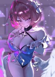 1girls beach big_breasts blue_swimsuit breasts female hoyoverse large_breasts long_hair mihoyo pink_hair purple_eyes remielle_(zenless_zone_zero) remielle_dan swimsuit white_wings wings zenless_zone_zero