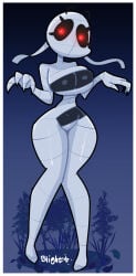 1girls belly_button black_body blightstar cleavage female glowing_eyes hourglass_figure large_breasts looking_at_viewer mummy mummy_(blightstar) mummy_wrappings no_mouth original original_character solo standing tagme tight_fit undead wide_hips