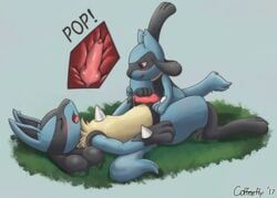 2boys anal animal_genitalia animal_penis blush canine canine_penis closed_eyes coffeefly cum ear_piercing gay grass internal interspecies knot knotting lucario male male_only nintendo penis piercing pokemon pokemon_(species) pokemon_dppt riolu sex simple_background size_difference text tongue tongue_out video_games