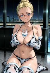 1girls ai_generated bikini blonde_female blonde_hair breasts courtney_collins cow_print cow_print_bikini elbow_gloves female female_only kneeling large_breasts looking_at_viewer metal_gear metal_gear_rising milk on_knees pale-skinned_female pale_skin thighs tied_hair