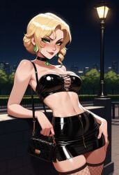 1girls ai_generated bandeau glynda_goodwitch implied_prostitution latex latex_bandeau latex_clothing looking_at_viewer midriff night prostitution rwby shiny_hair shiny_skin skirt solo solo_female tagme