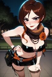 1girls ai_generated bandeau coco_adel implied_prostitution latex latex_bandeau latex_clothing looking_at_viewer midriff night prostitution rwby shiny_hair shiny_skin skirt solo solo_female tagme