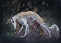 anatomically_correct anatomically_correct_genitalia anatomically_correct_penis animal_genitalia animal_penis bodily_fluids borzoi canid canine canine_genitalia canine_penis canis domestic_dog el_kyze feral forest_background genital_fluids genitals hi_res hunting_dog kyze_(el_kyze) male mammal penis precum sighthound solo