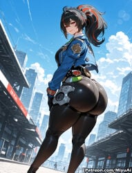 1girl ai_assisted ai_generated ass black_hair breasts building city curvaceous curvy curvy_female curvy_figure day female gloves jacket large_breasts long_hair looking_at_viewer looking_back miyuai multicolored_hair police police_uniform policewoman ponytail red_eyes sky skyscraper solo thick thick_ass thick_butt thick_hips thick_legs thick_thighs thighs voluptuous voluptuous_female wide_hips wide_thighs zenless_zone_zero zhu_yuan