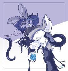 ambiguous_gender anthro antlers blue_and_white dialogue female hi_res horn infestation jackalope lagomorph latex liquid_latex mammal minze minze_aghevin monochrome on_one_leg parasite paws rear_focus rear_view solo standing tentacles tired tired_eyes