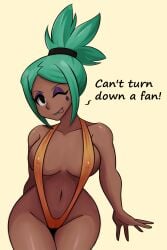 big_breasts black_eyes cavendizh cerebella dark_skin dialogue green_hair hips looking_at_viewer makeup nipples_visible_through_clothing skullgirls sling_bikini slingshot_swimsuit tongue wink winking_at_viewer