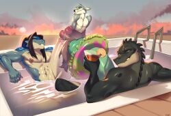 absurd_res anthro big_penis blackrabbitshone canid canine cock_vore crocodile crocodilian genitals group hi_res huge_penis mammal muscular penile penis piercing reptile scalie summer swimming_pool trio vore water